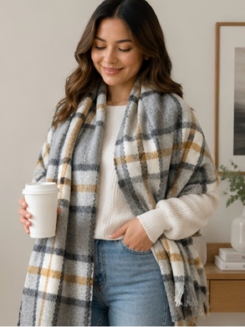 Source Unknown Plaid Wrap Scarf Gray, Cream Mustard Cozy Super Soft Blanket